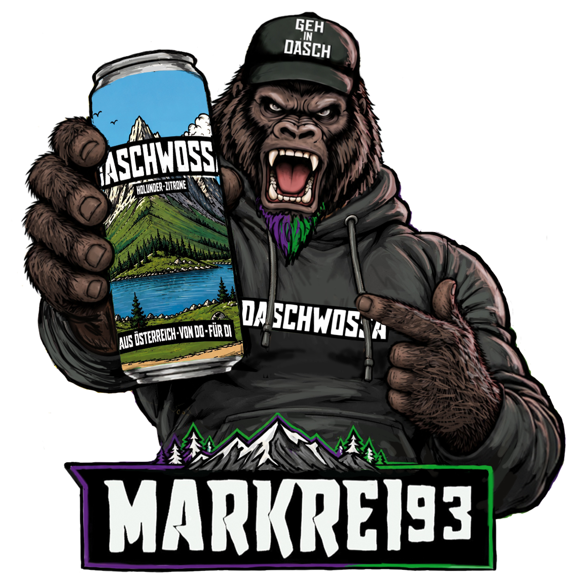 Gorilla-Maskottchen mit Oaschwossa-Dose und MARKREI93-Schriftzug